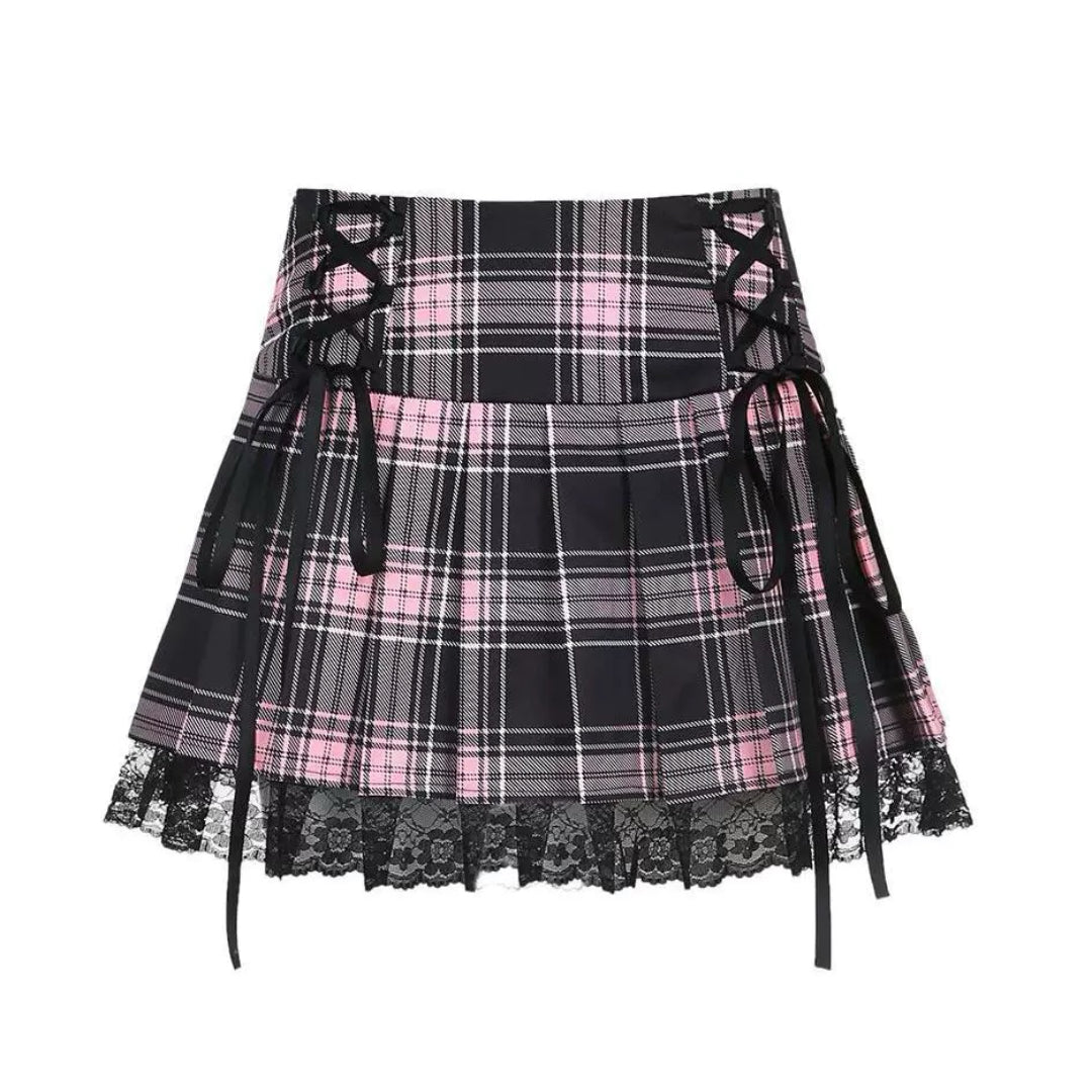 Gothic Harajuku plaid pleated skirt with lace trim and corset-style side ties in black, blue, and pink