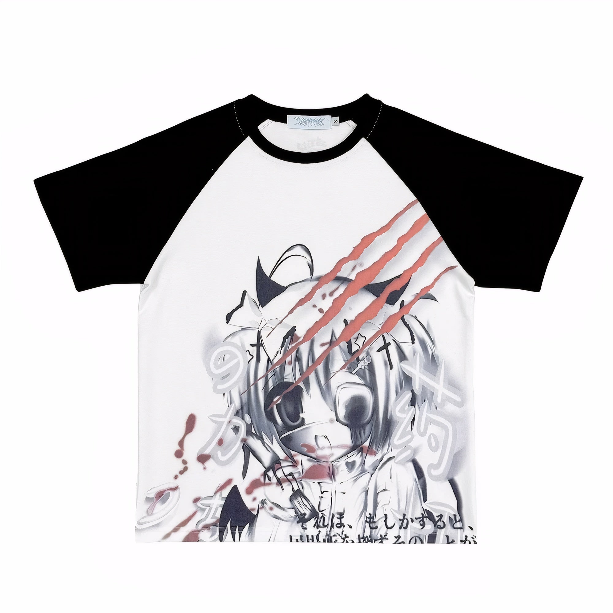 Harajuku anime t-shirt with black sleeves and printed face design sad anime shirt emo t-shirt
