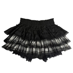 Black pleated mini skirt with lace and plaid layers in Harajuku style