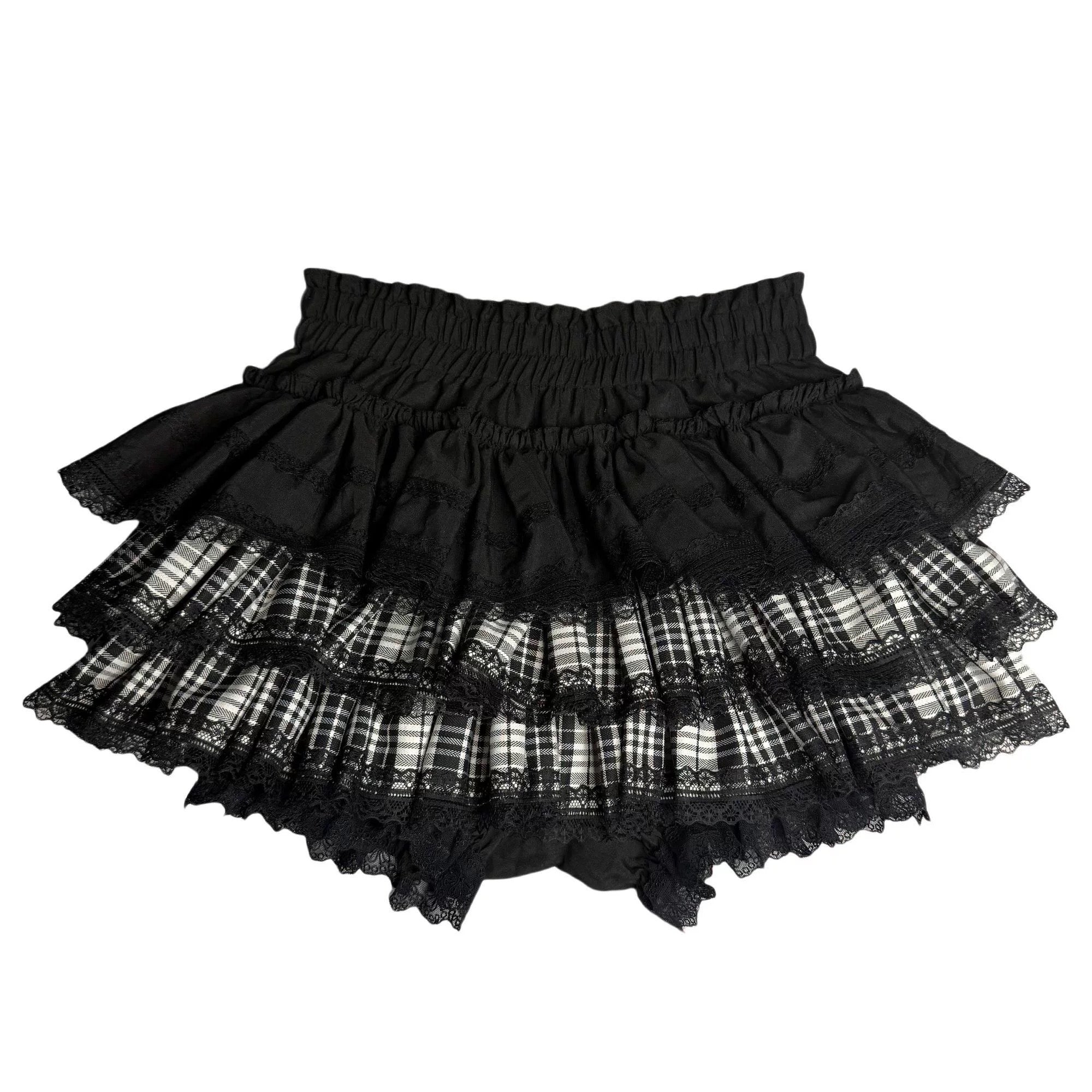 Black pleated mini skirt with lace and plaid layers in Harajuku style
