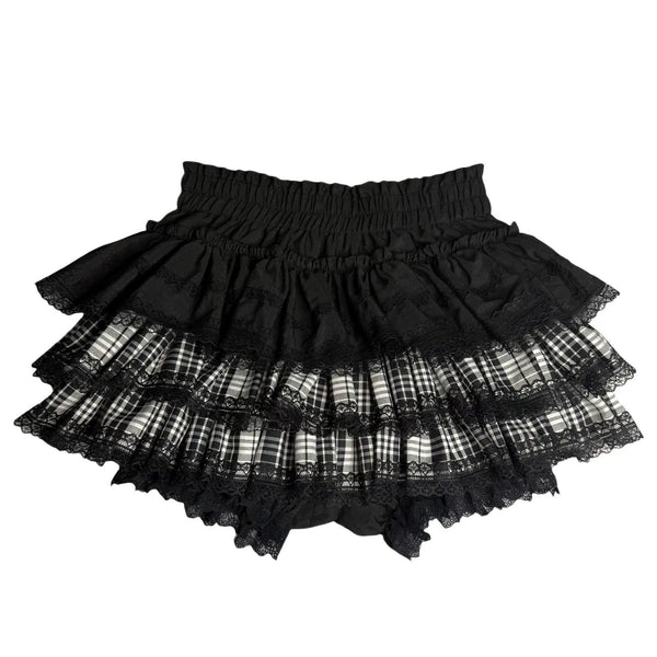 Black pleated mini skirt with lace and plaid layers in Harajuku style
