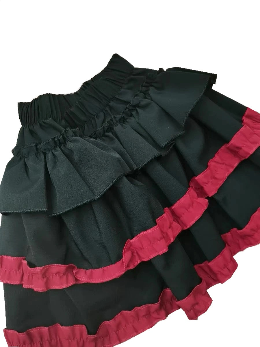 Gothic Ruffle Mini Skirt Y2K Punk Rock Black Red Layered Skirt with Heart Belt