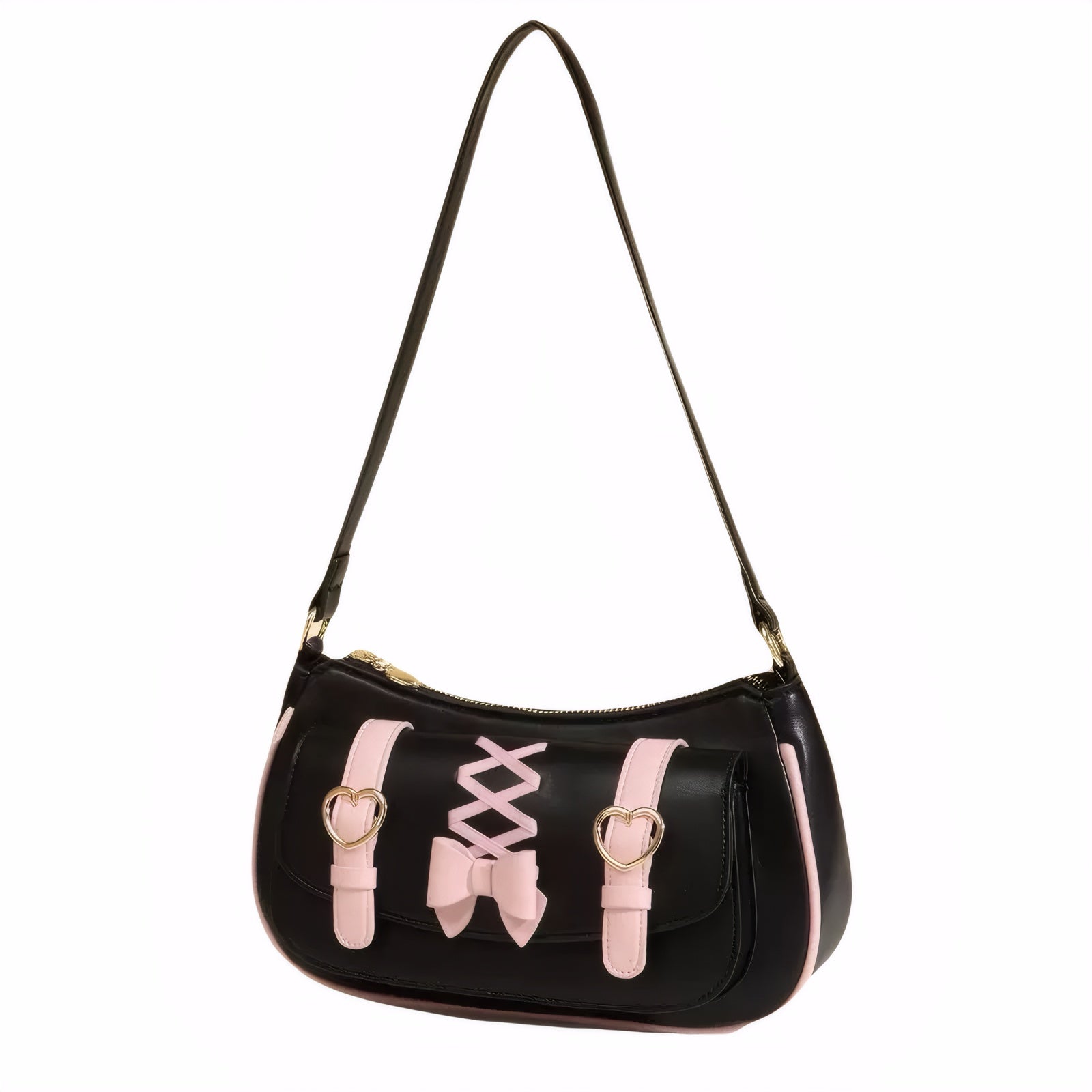 Black and Pink Gothic Kawaii Shoulder Bag with Ribbon