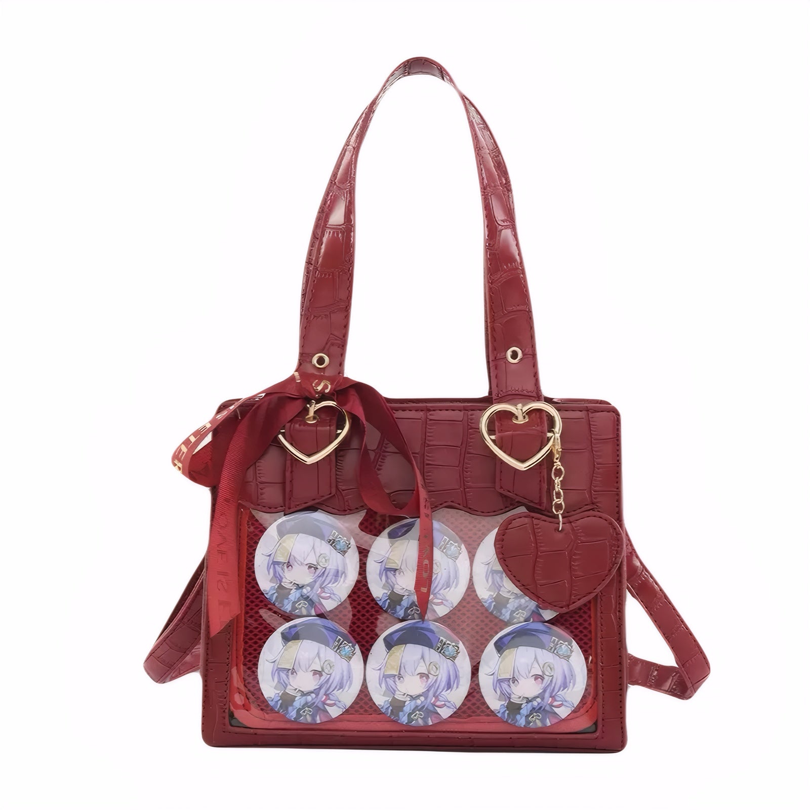 ita anime pin display bag kawaii tote, croc pattern shoulder cosplay bag, heart charm bag