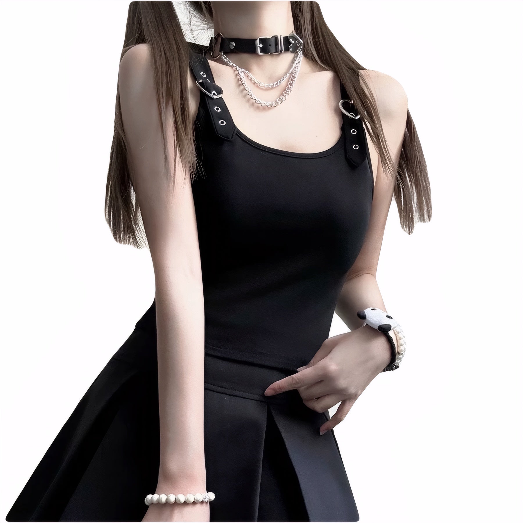 Gothic Y2K heart buckle tank top with silver straps on model