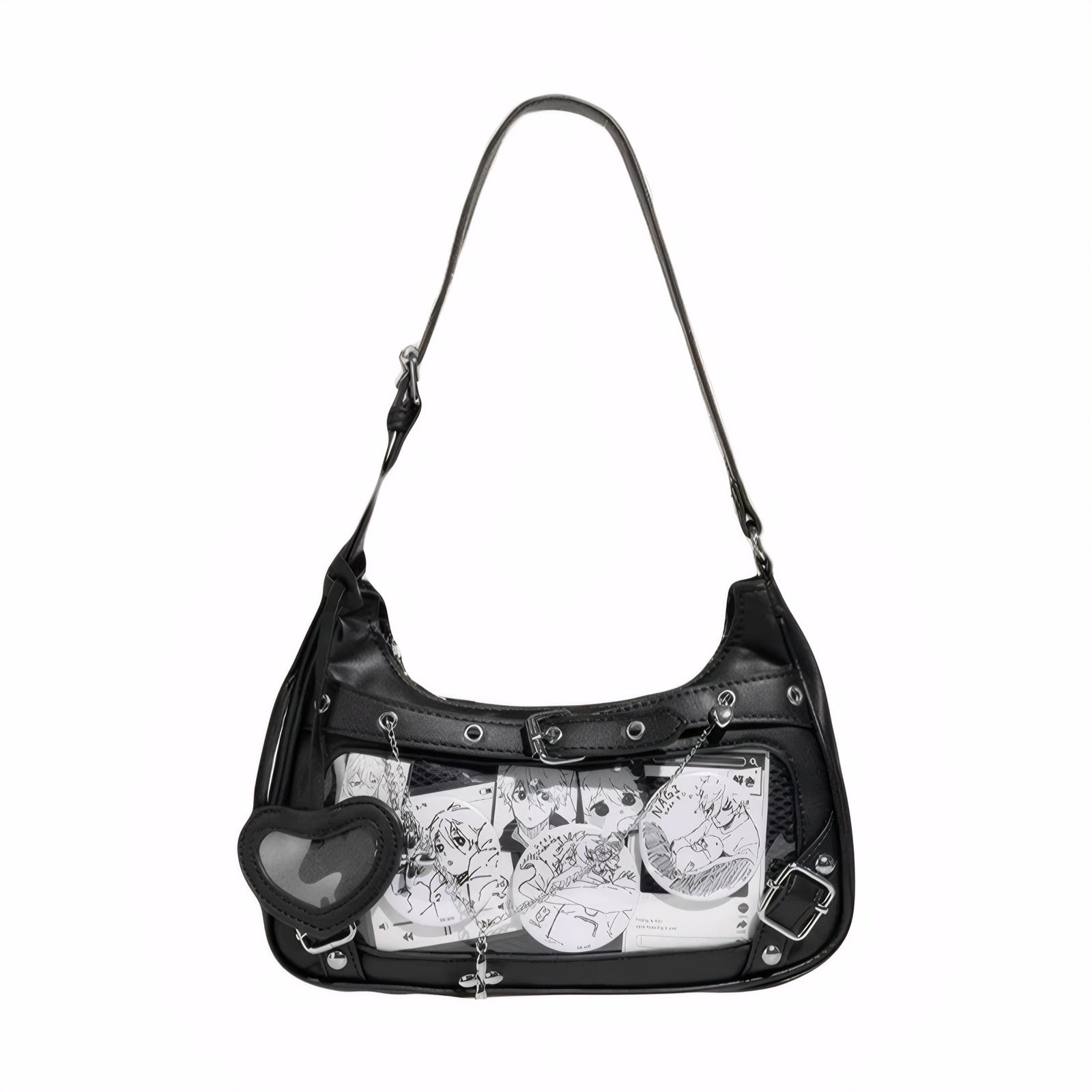 Black Goth Crossbody Bag with Clear Display and Chains goth y2k bag silver crossbody lolita fashion bag
