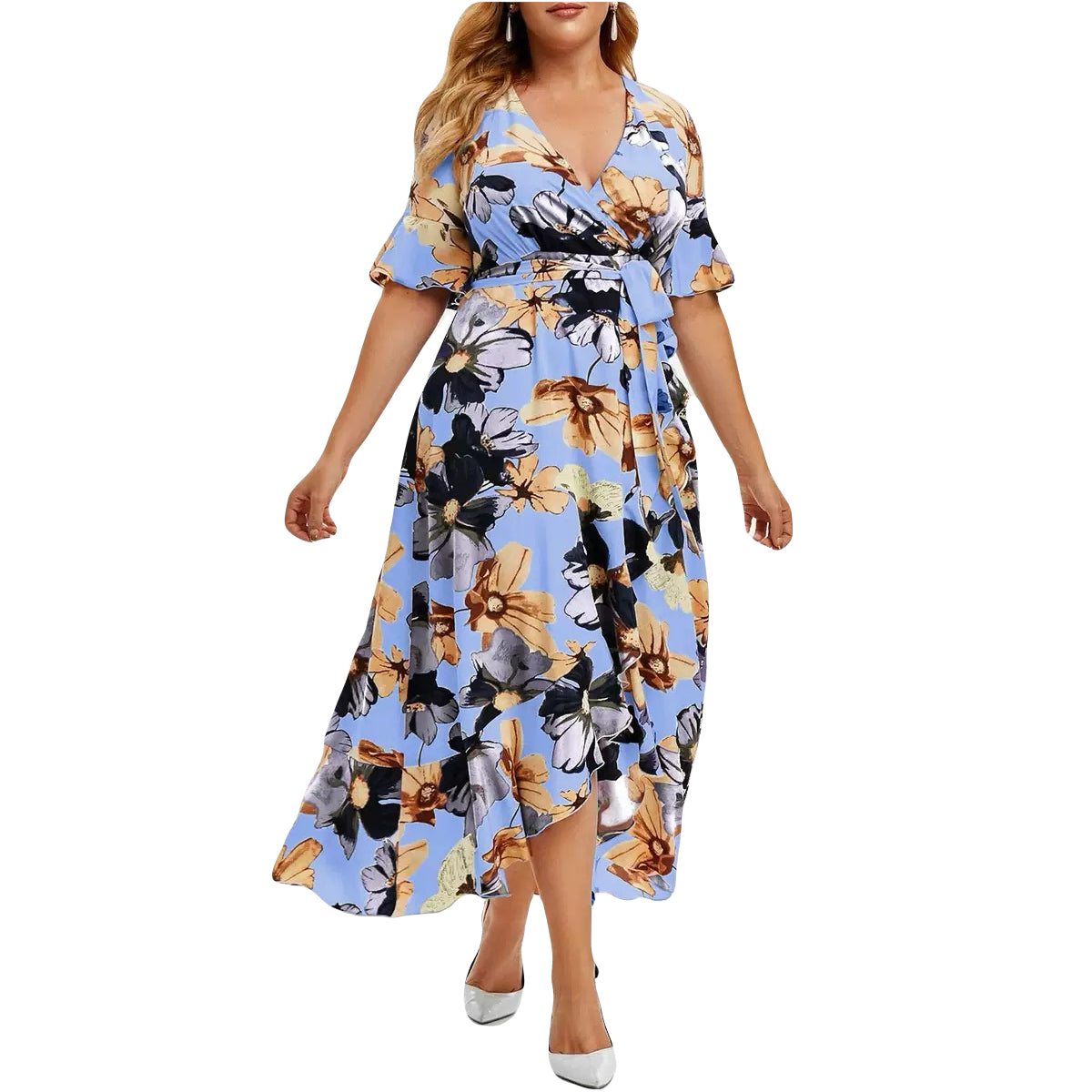 large size summer dress for women elegant beach vacation dress,short sleeve belted floral dress