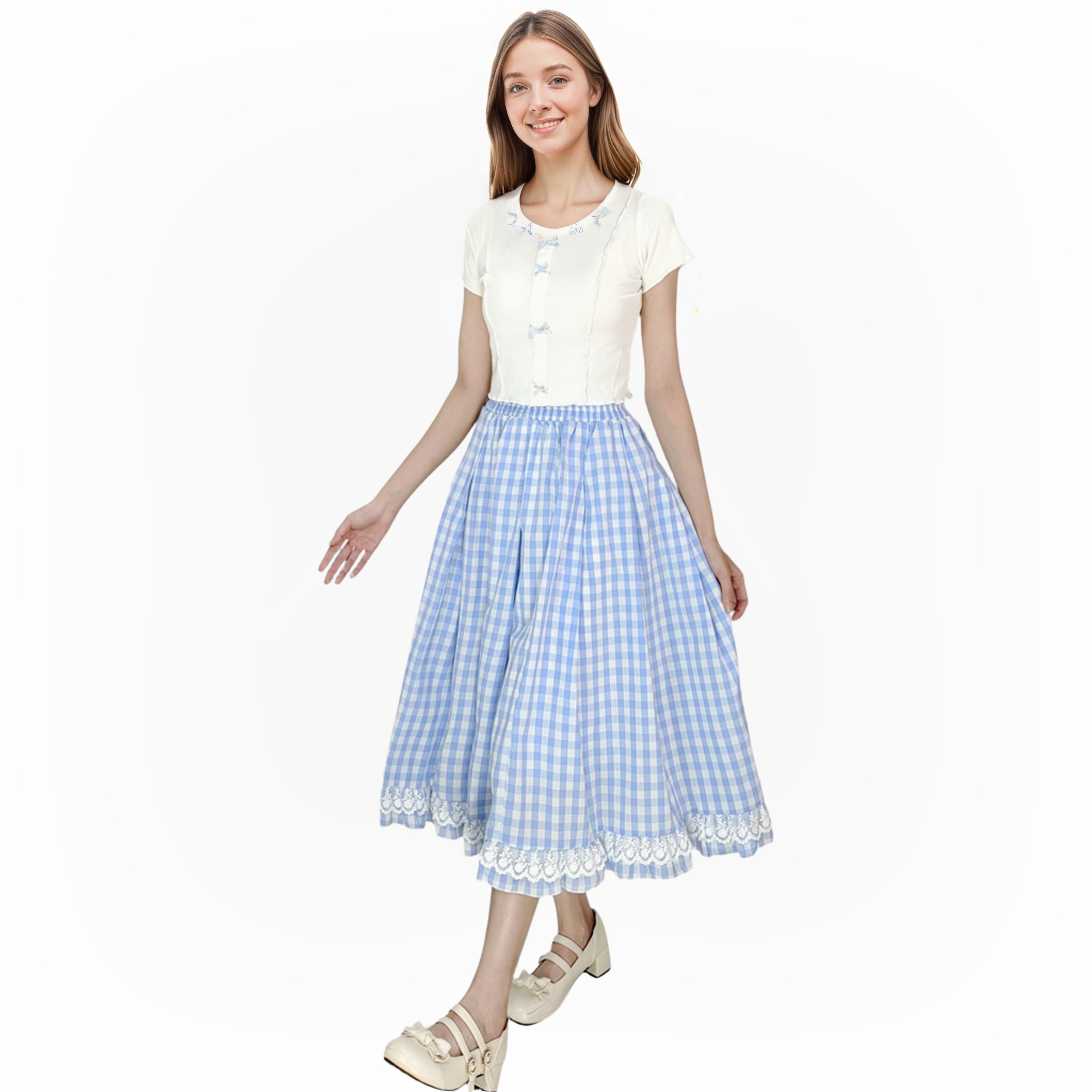 Long Elastic Waist Calf Length Ruffled Hem Pleated All-match Skirt Blue Plaid with Lace Edge