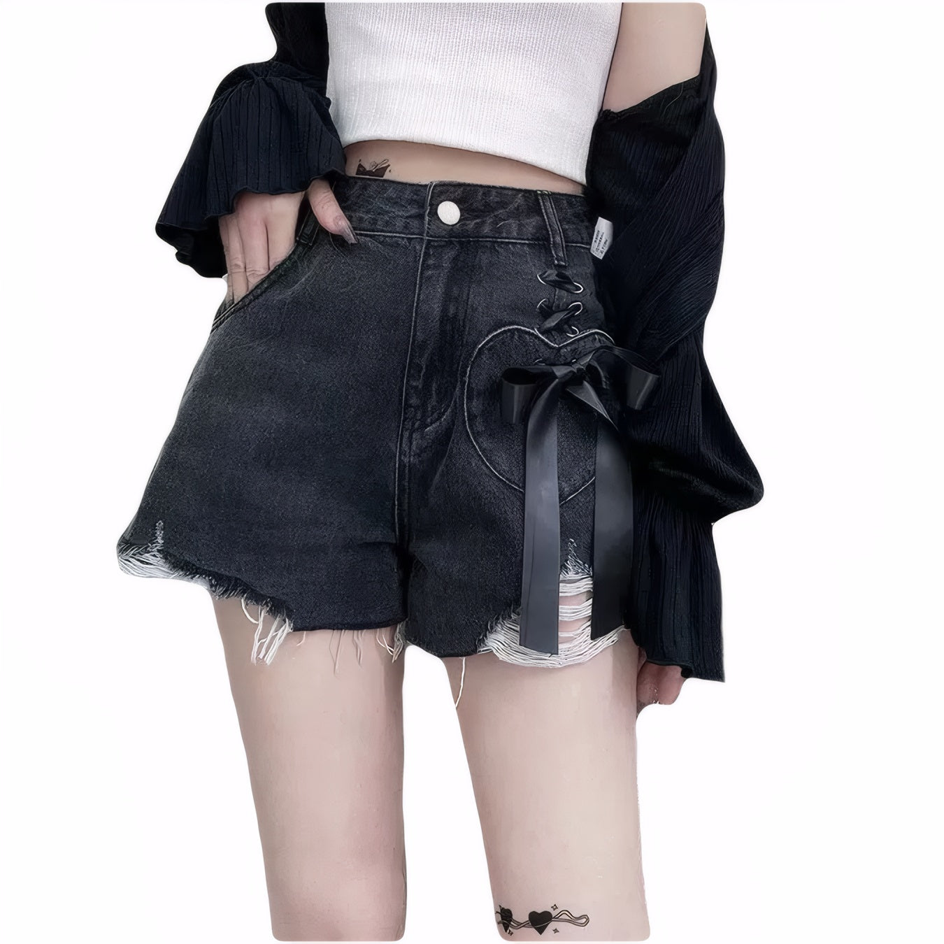 Black High Waist Lace-Up Denim Shorts with Heart Pocket and Ripped Hem