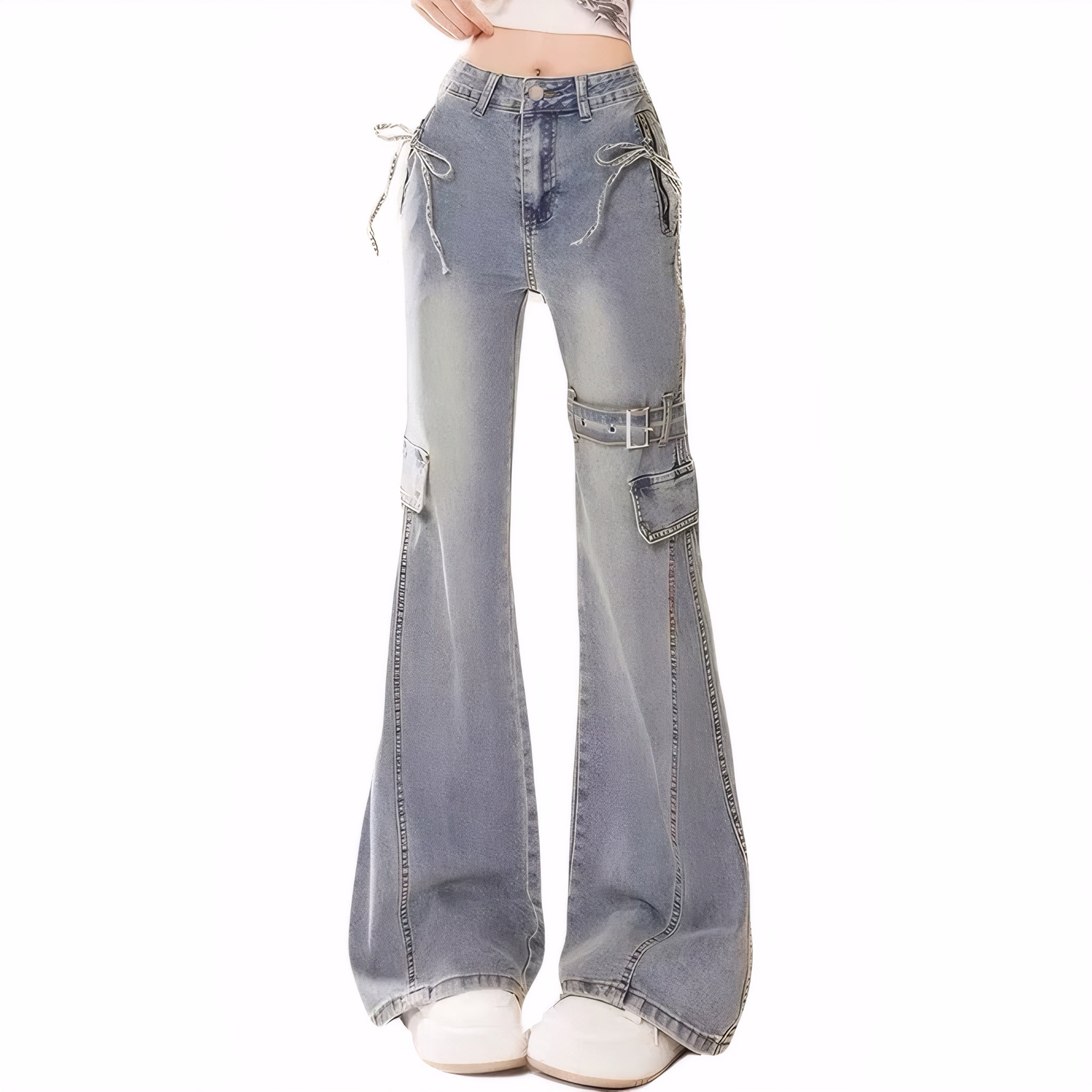 Stylish high-waist flared jeans for women with adjustable belt detail, side cargo pockets, and a slim-fit hip-cut design in blue and black