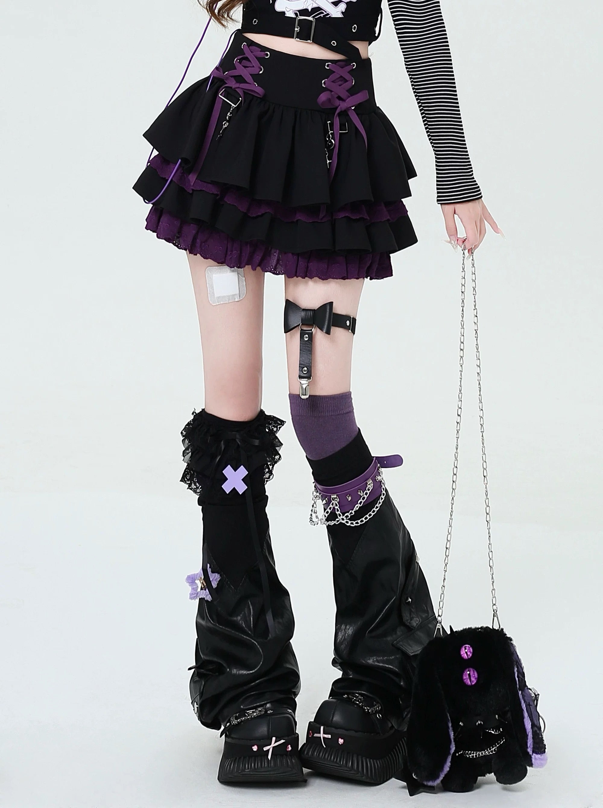 Y2K Lace Up Layered Mini Skirt for Women Gothic Harajuku Ruffle High Waist Skirt