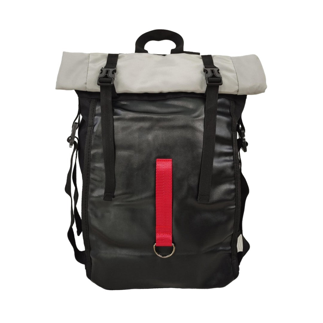 Large waterproof roll top backpack with red strap