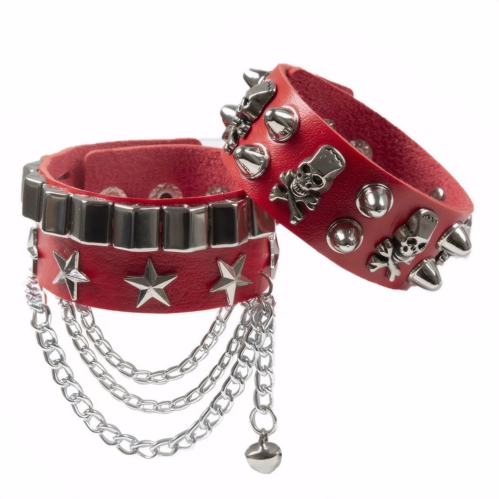Red Punk Skull Spiked Leather Bracelet with Chains and Stars punk bracelet skull cuff bracelet, gothic leather bracelet