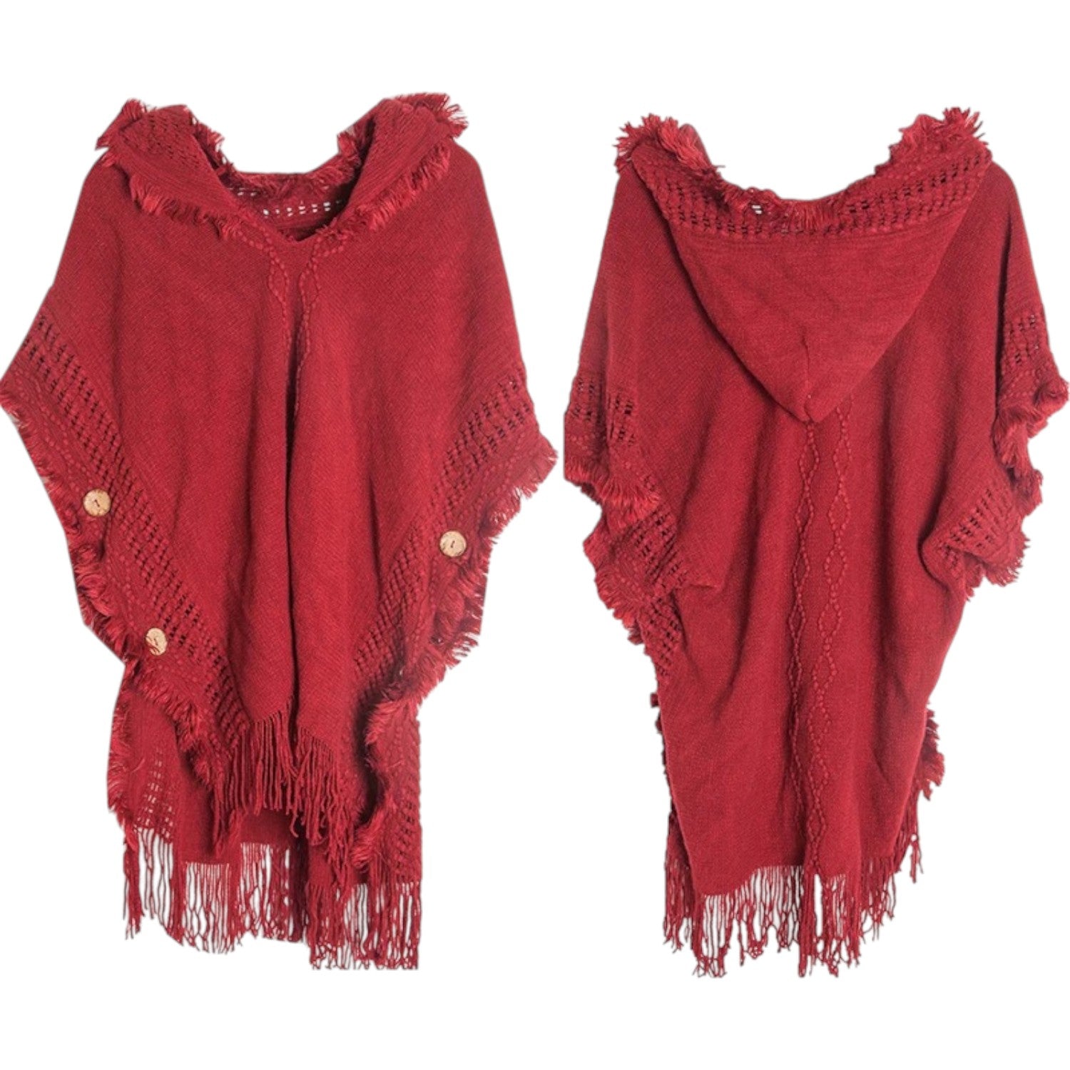 Red winter hooded poncho cloak with fringe trim