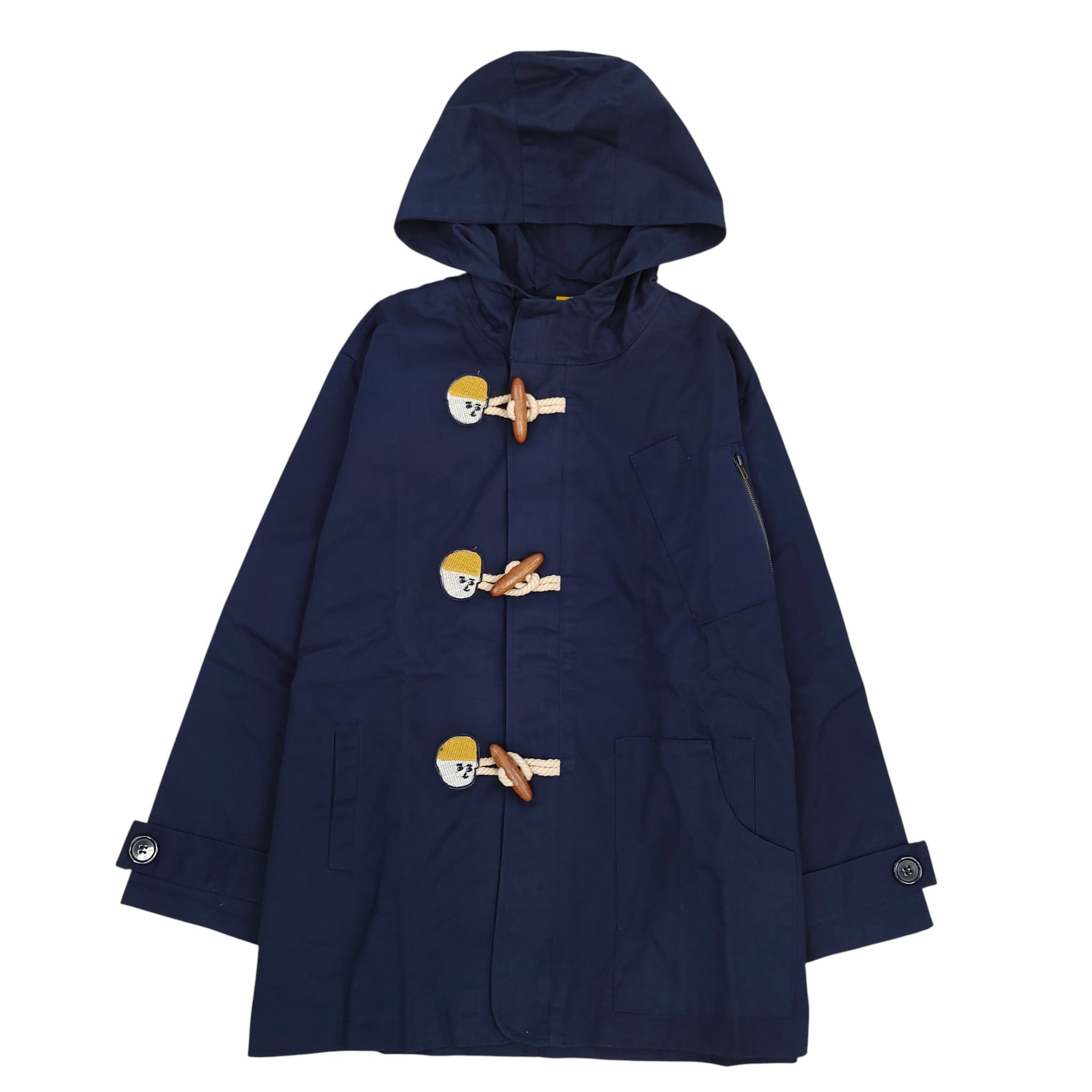 Front view of navy blue hooded toggle coat with cute face buttons