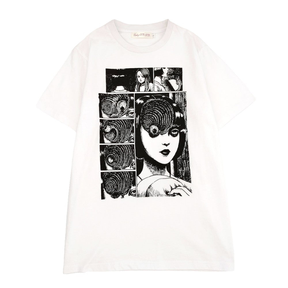 White Japanese horror manga T-shirt with black comic print