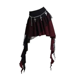 Gothic Lace-Up Irregular Plaid Mesh Skirt with Chain Sweet Punk Y2K Fairycore Mini Skirt