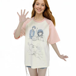 Front view of Harajuku anime print T-shirt with pink raglan sleeves