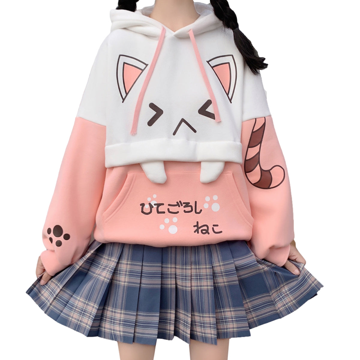 Japanese-style kawaii hoodie with pink and white colorblock anime pullover for girls, japanese cartoon hoodie