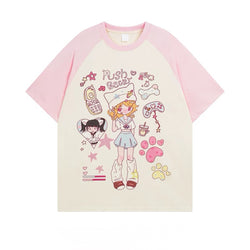 Flat lay of pink sleeve pastel Push Beeb cartoon graphic T-shirt