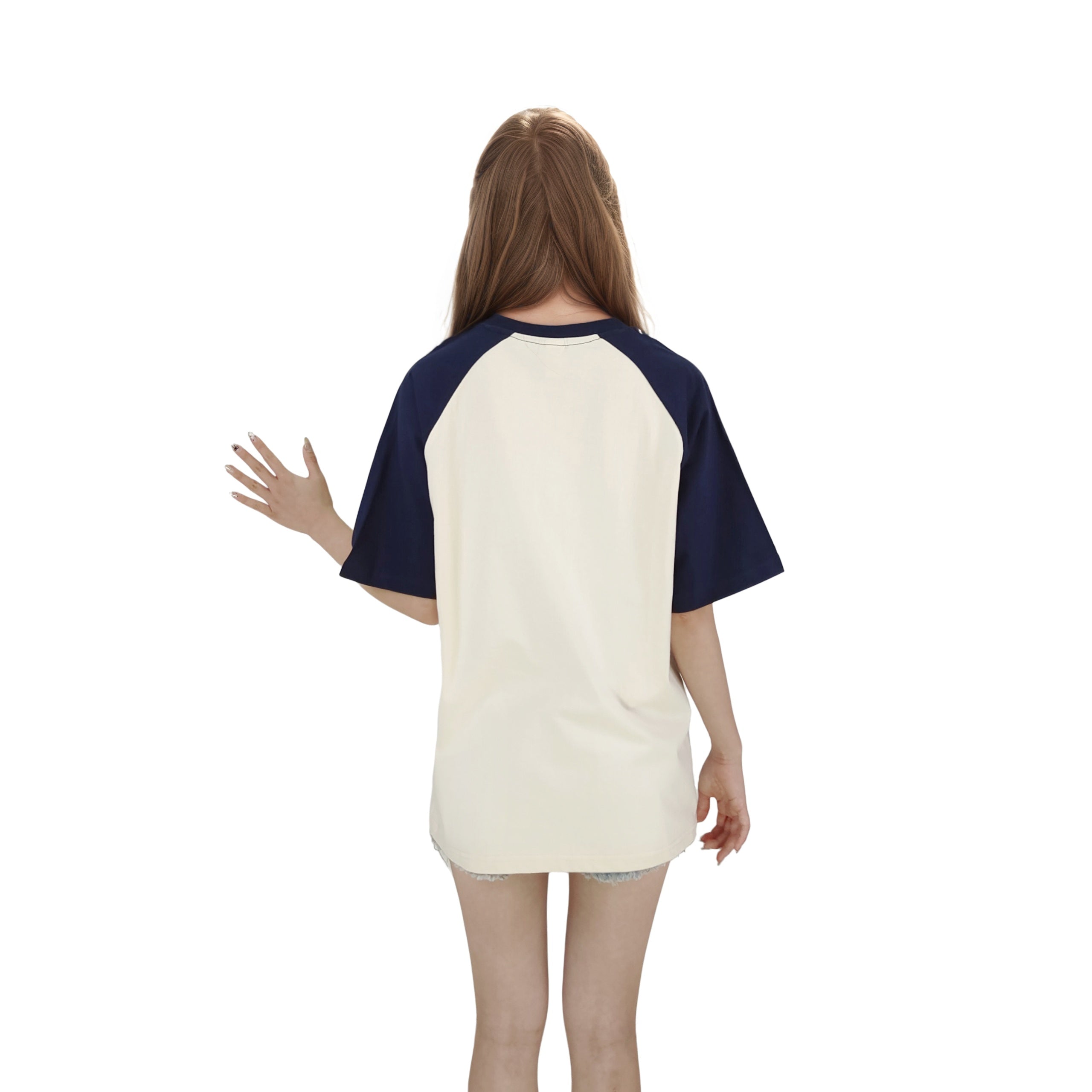 Back view of the anime girl T-shirt with plain cream and navy design