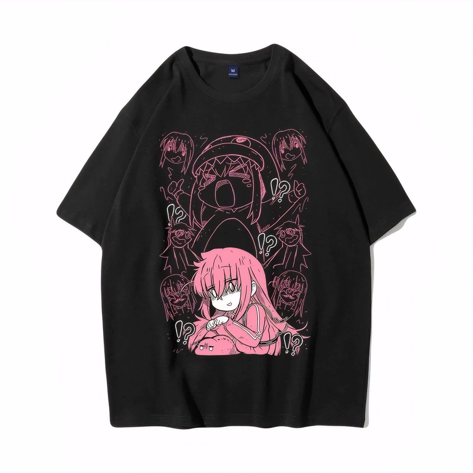 Black graphic tee with panicked Bocchi and reaction faces design