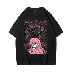 Black graphic tee with panicked Bocchi and reaction faces design