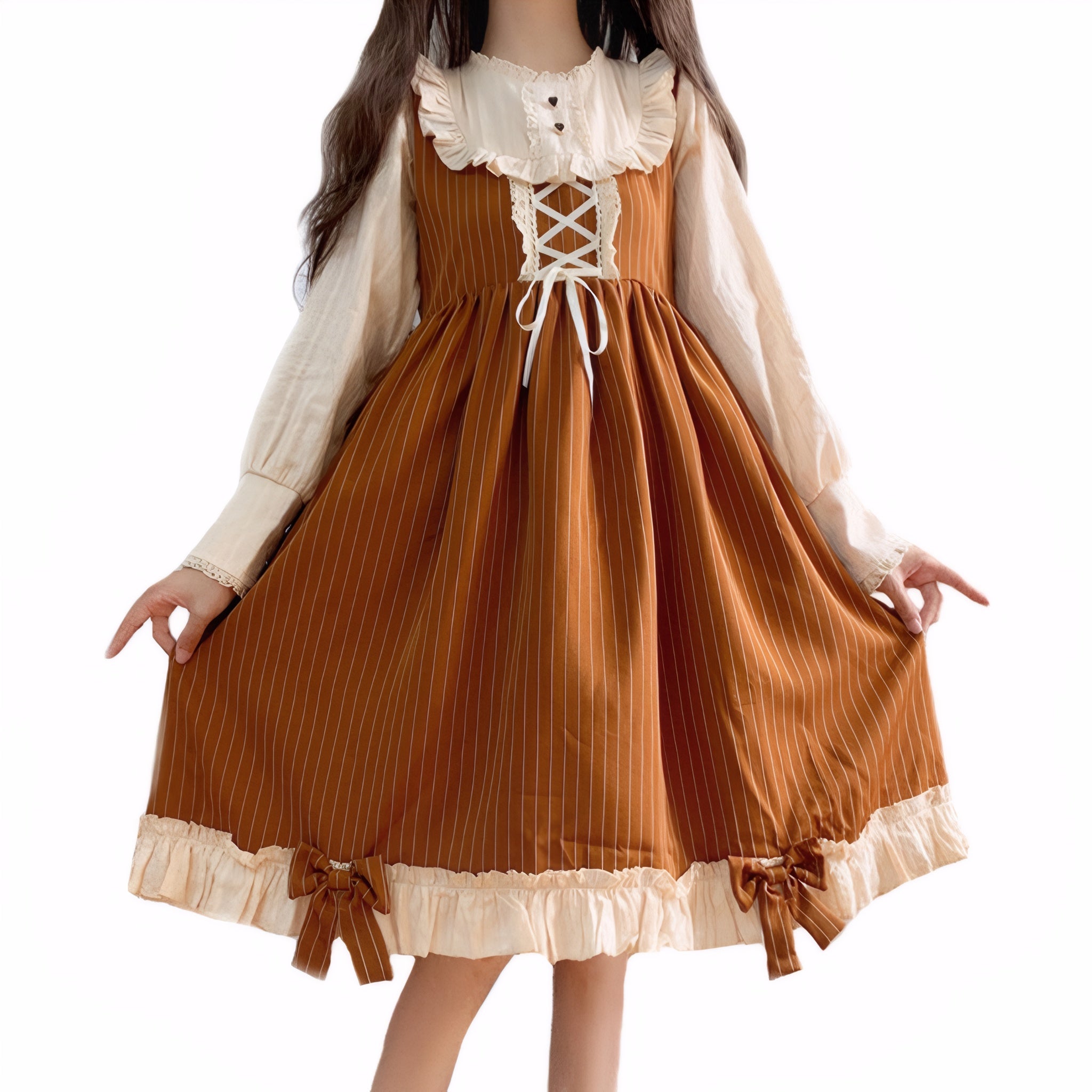 Retro Lolita-style apron dress for women featuring brown vertical stripes, white ruffle trim, long puff sleeves, front lace-up detail and back ribbon tie