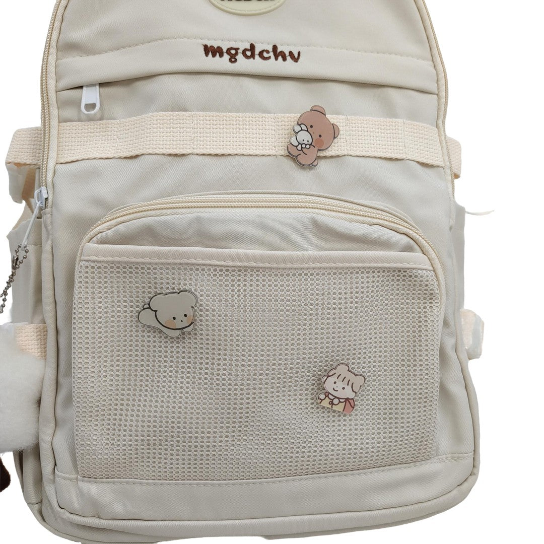 Beige Kawaii Cartoon Backpack with Plush Charm Cute Bear & Animal Pins School Travel Bag