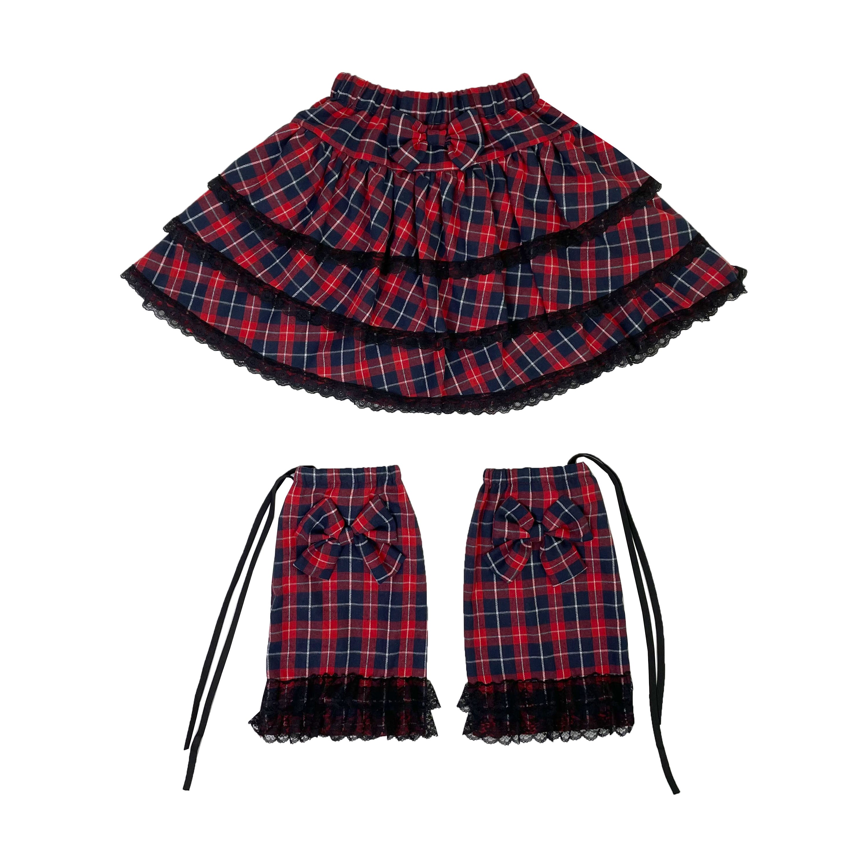Sweet Punk Lolita Red Y2K Plaid Layered Skirt with Matching Leg Warmers Kawaii Bow Set