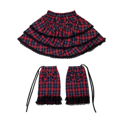 Sweet Punk Lolita Red Y2K Plaid Layered Skirt with Matching Leg Warmers Kawaii Bow Set