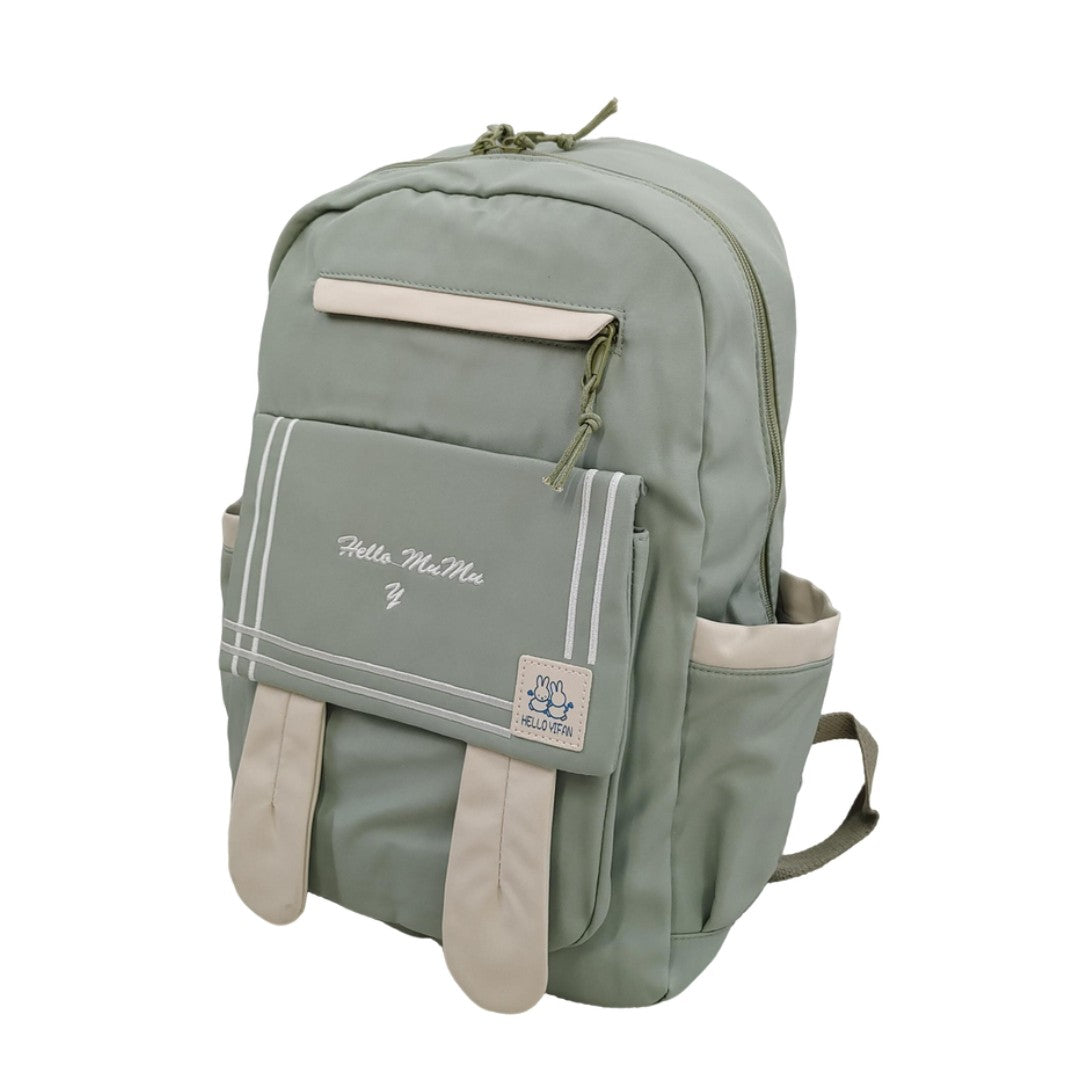 Green Kawaii Backpack with Front Flap Pocket Bunny Ears Casual School Travel Bag