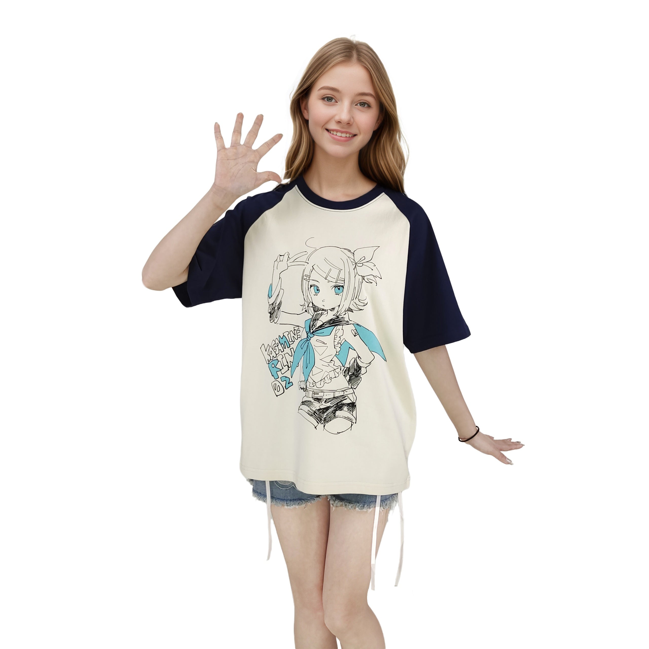 Girl wearing a Kagamine Rin anime T-shirt with navy raglan sleeves