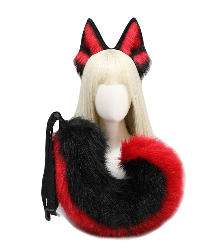 Measurement details of red and black cosplay tail and ears fluffy dog ears headband, anime costume set