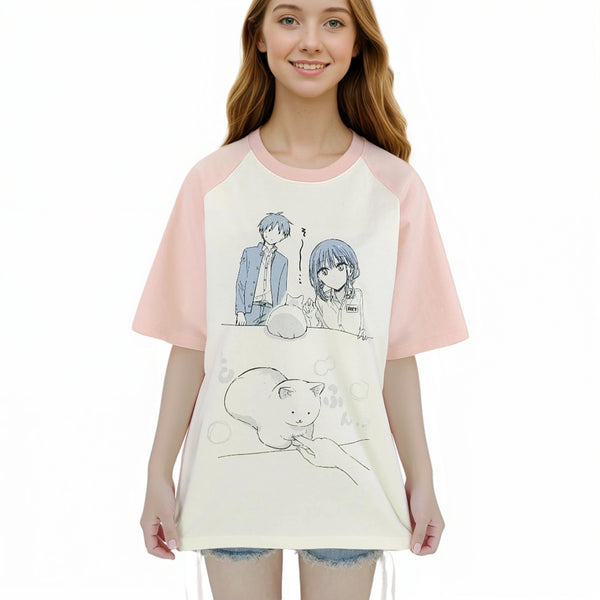 Flat lay of Harajuku anime cat print short sleeve T-shirt for women