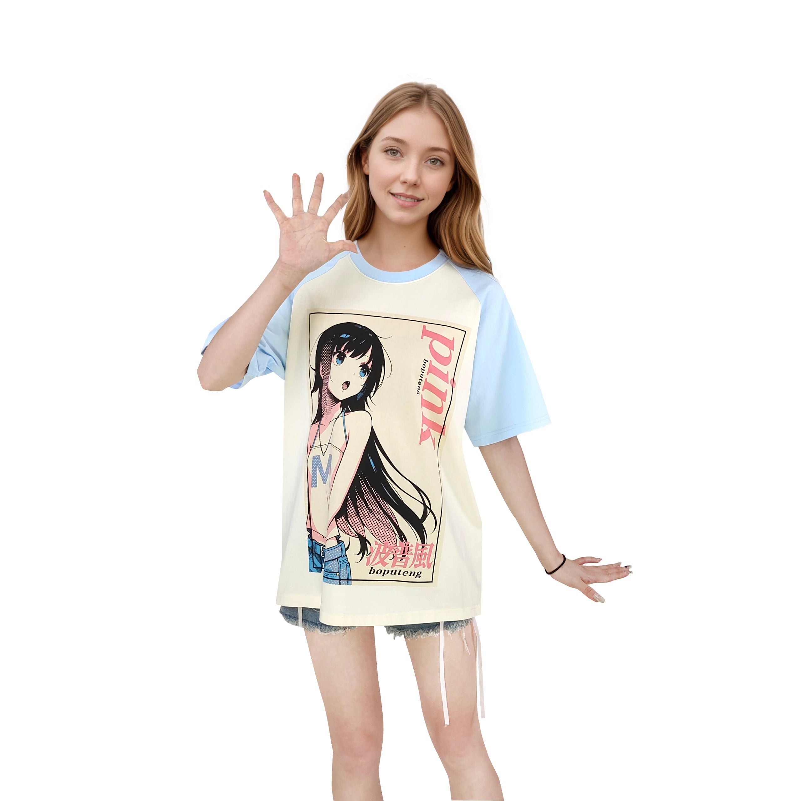 Pink Anime Girl Graphic Tee Blue Sleeve Cotton Oversized T-Shirt Boputeng Japanese Streetwear