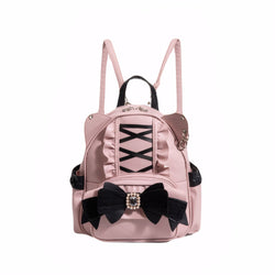 Kawaii pastel cat ear backpack with lace bow, corset ribbon and pearl details – Harajuku Lolita style school bag