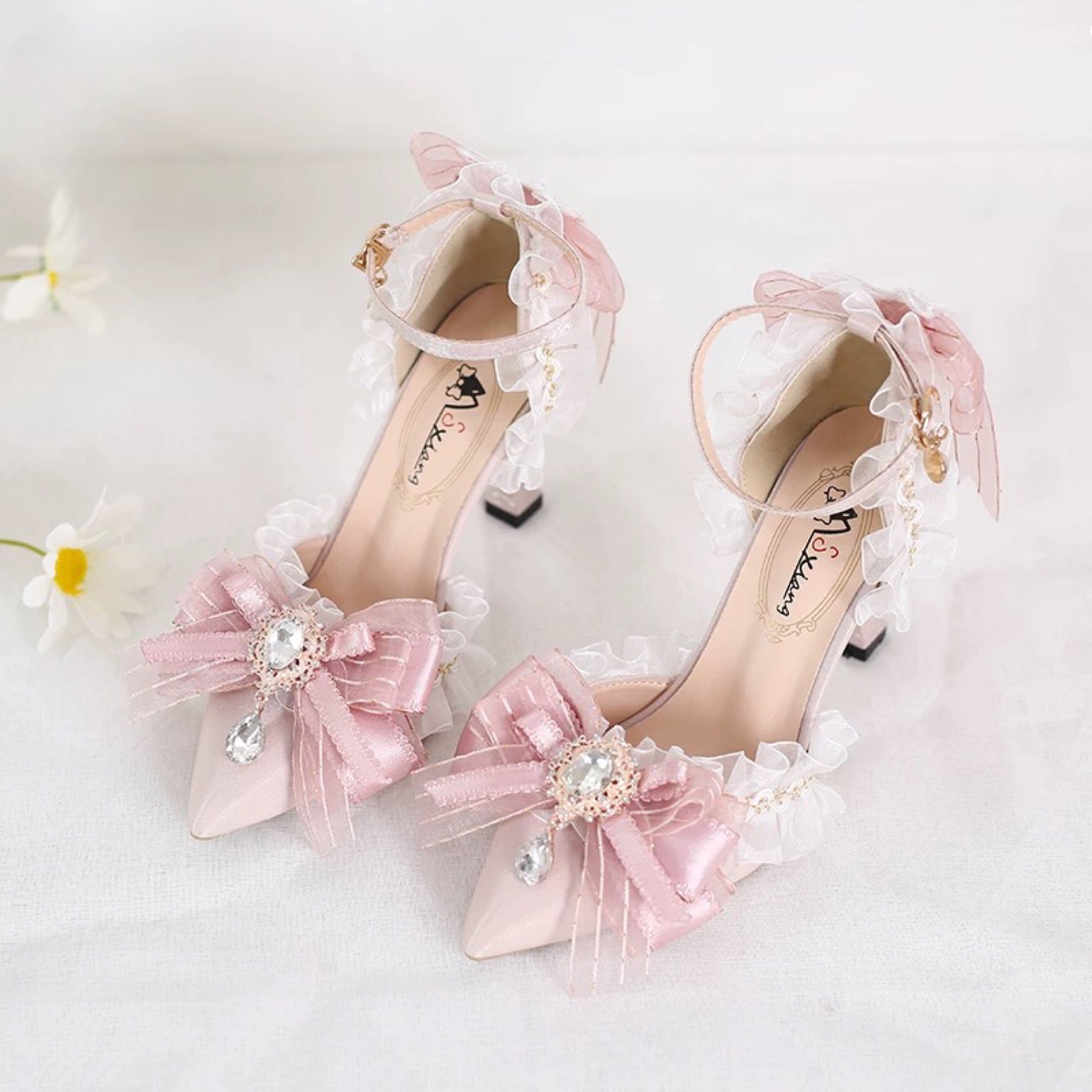 Original Lolita Pink Bow Heels Handmade Bridal Party Shoes with Ruffles & Pearls