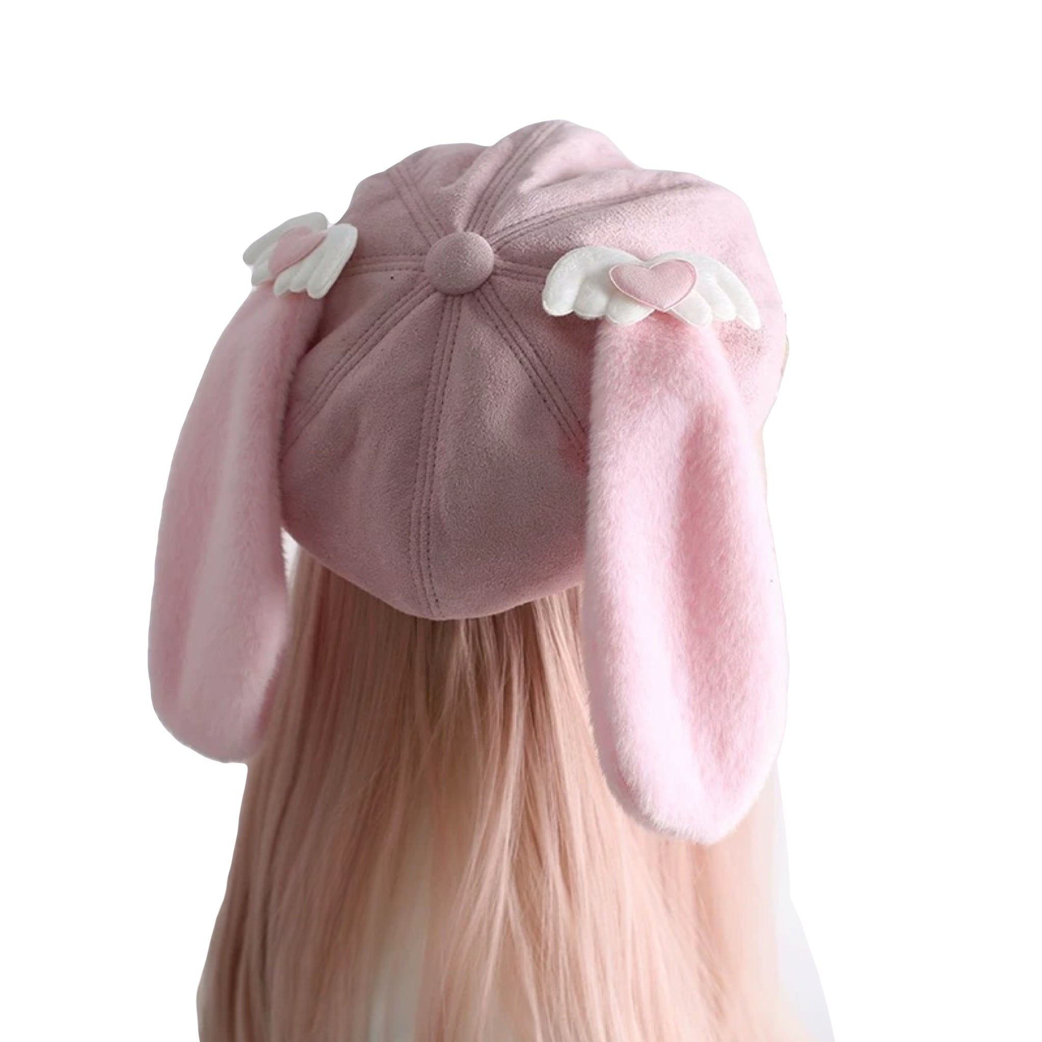 Pink bunny ear beret hat with heart wings and long floppy ears subculture eight-panel hat