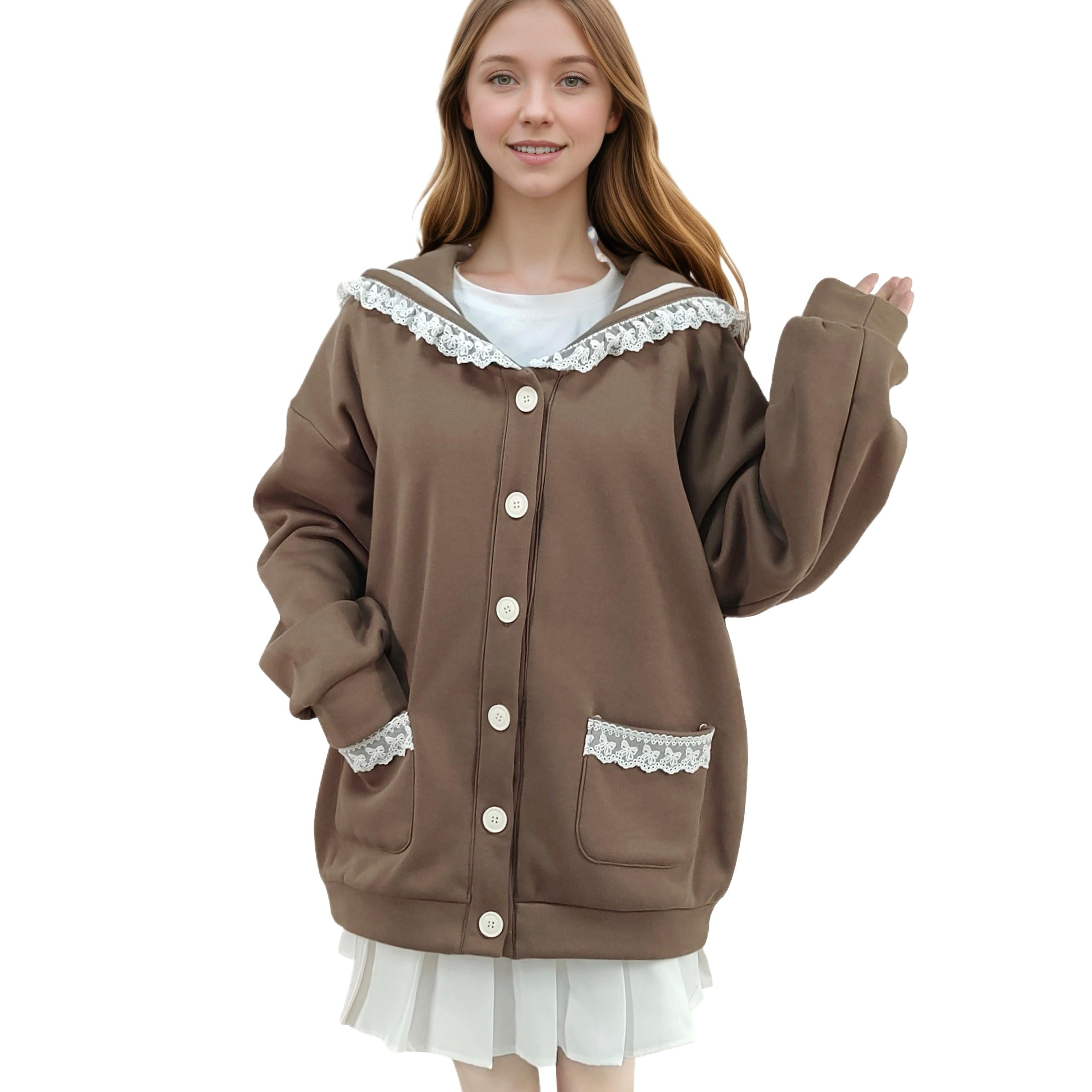 Soft brown cardigan with lace sailor collar and buttons, front pockets trimmed with lace Soft brown cardigan with lace sailor collar and buttons, front pockets trimmed with lace