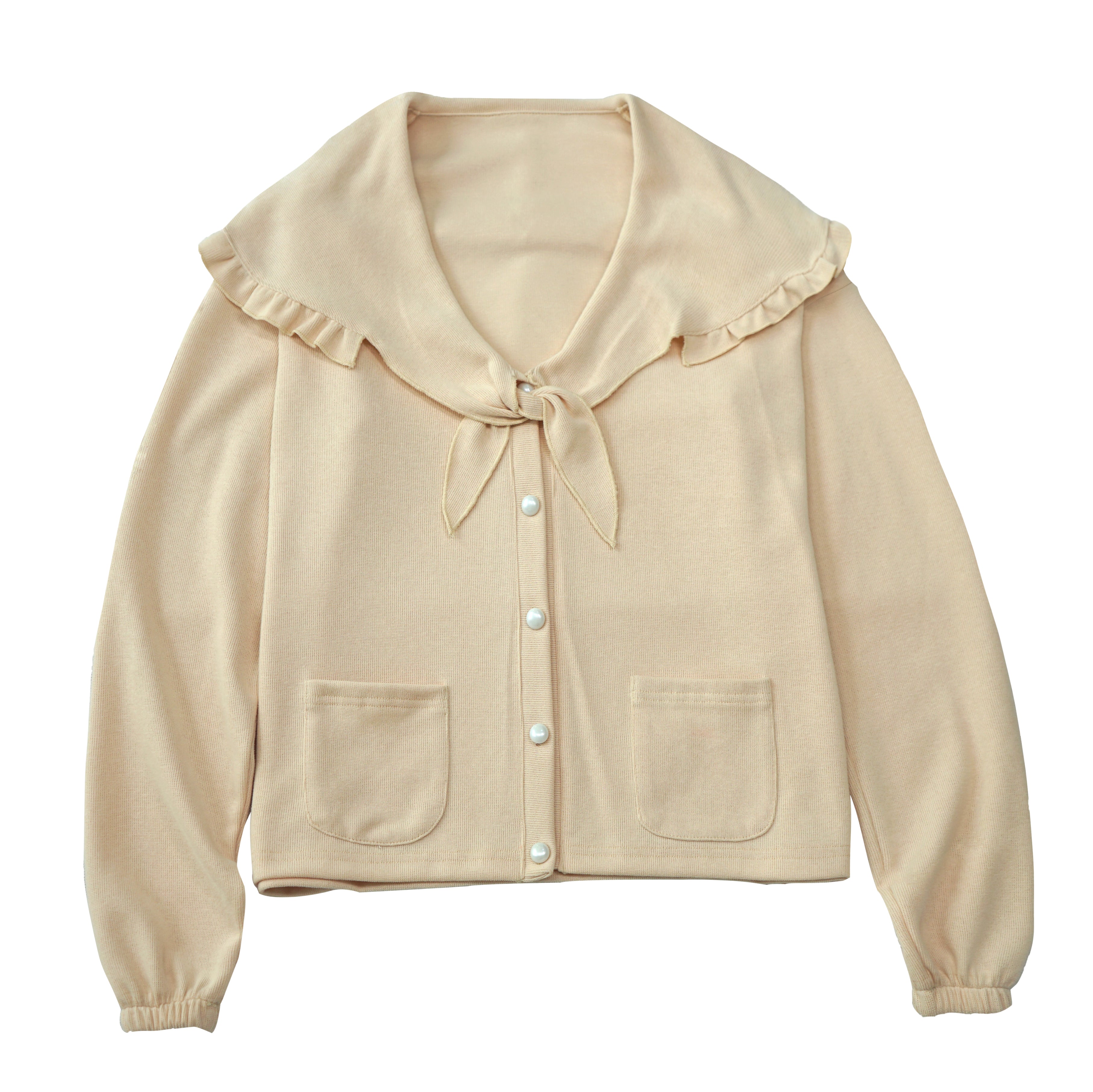 Cream knit cardigan with sailor collar and front buttons japanese cute fashion ruffle trim cardigan