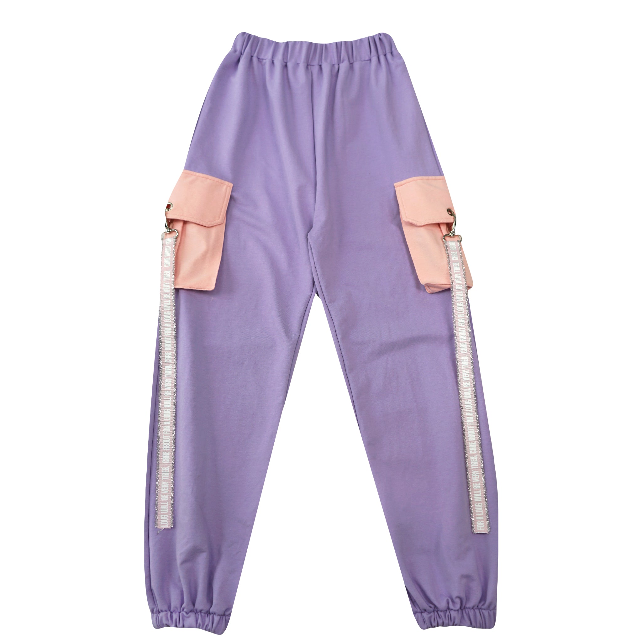 Purple kawaii cargo harem pants with pink pockets and straps, Harajuku style streetwear for teen girls
