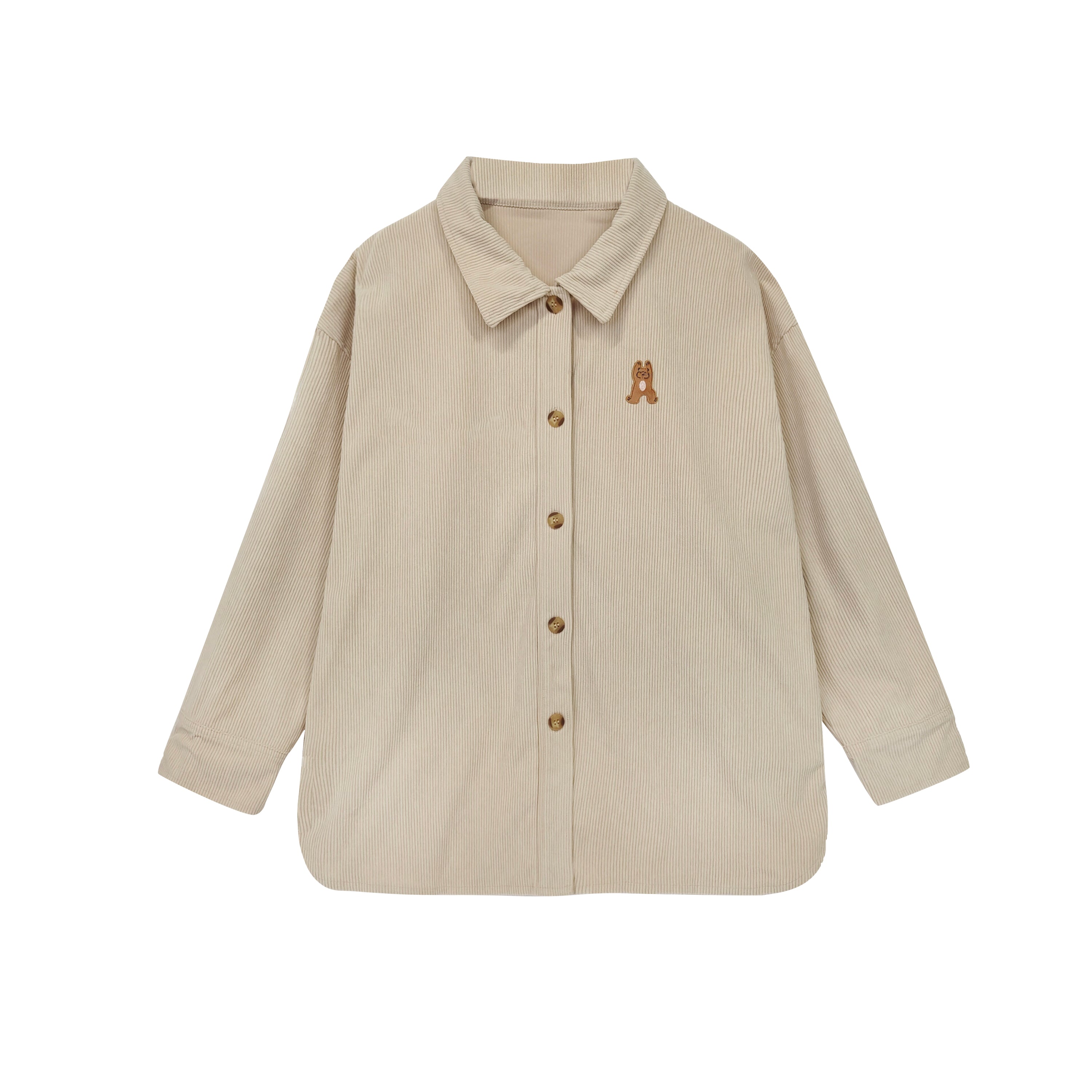 Oversized corduroy shirt for women with cute animal embroidery on chest, button front, collared neck, available in pink and khaki