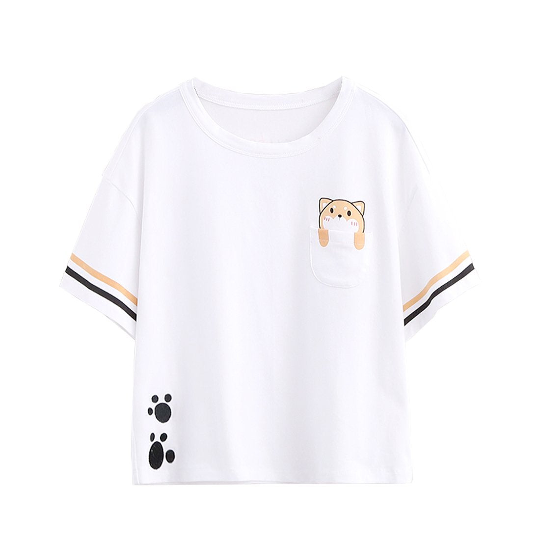 Front and back view of white t-shirt with Shiba Inu pocket design and paw print
Close-up of embroidered paw prints and sleeve stripes