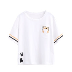 Front and back view of white t-shirt with Shiba Inu pocket design and paw print
Close-up of embroidered paw prints and sleeve stripes