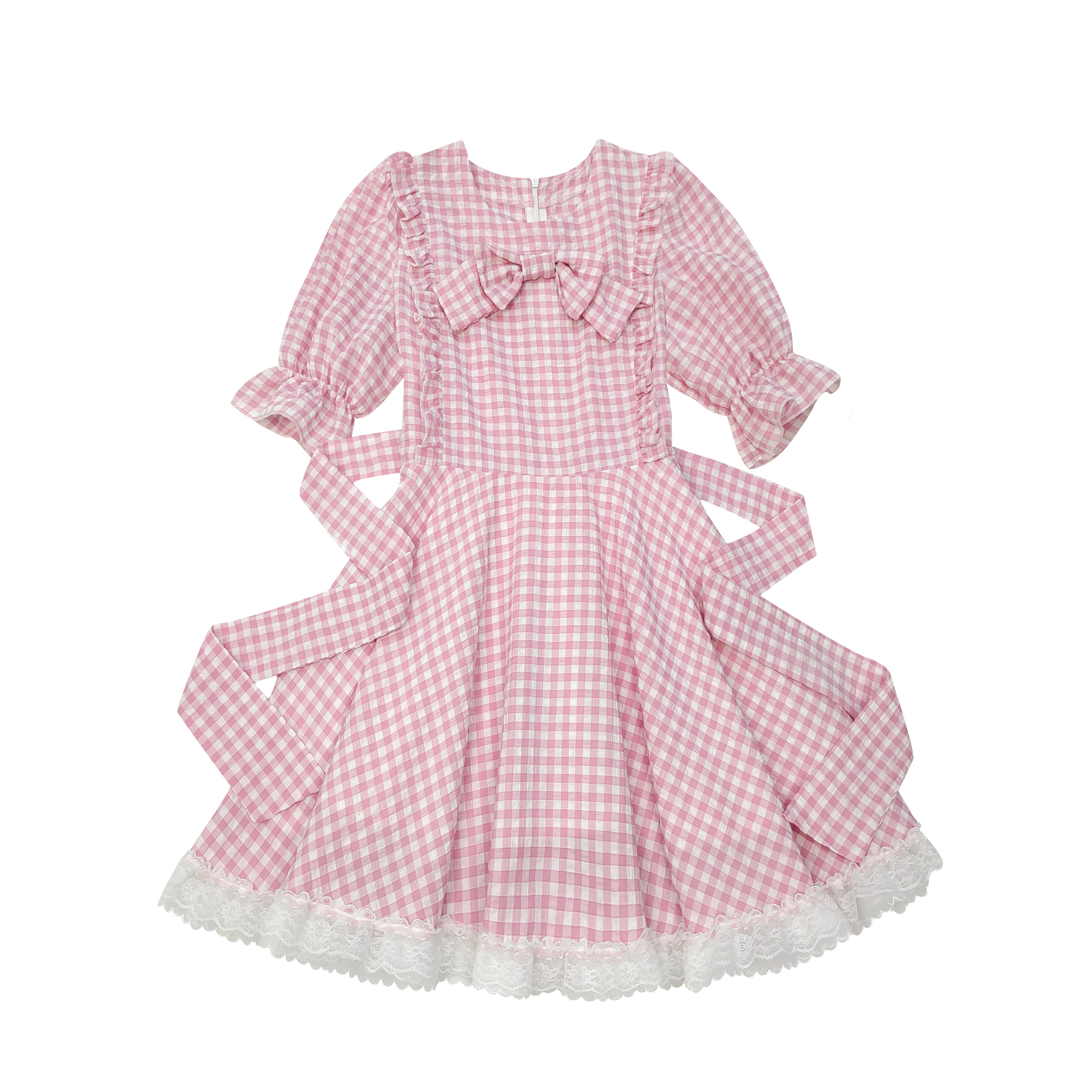Sweet Lolita Gingham Dress with Lace Trim and Bows Kawaii Puff Sleeve Sweet Lolita Gingham Dress with Lace Trim and Bows Kawaii Puff Sleeve