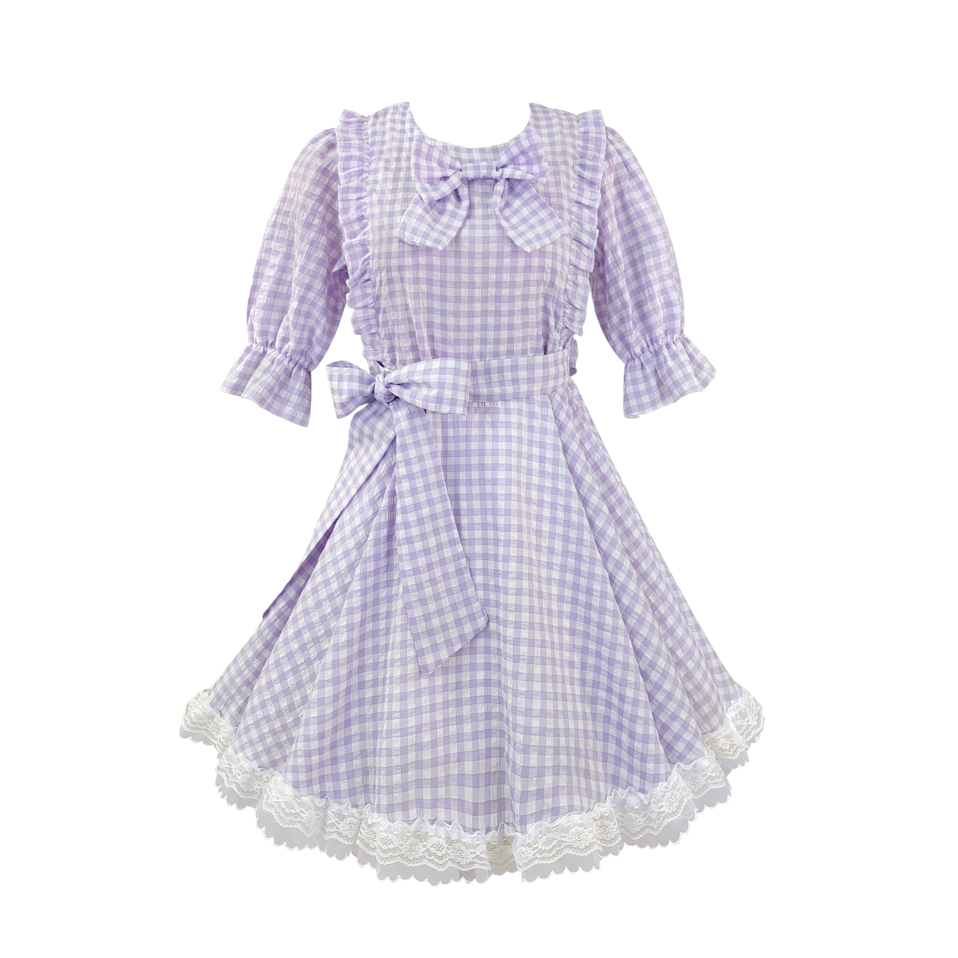 Lilac checkered dress with puff sleeves and lace hem purple teen girl summer dress