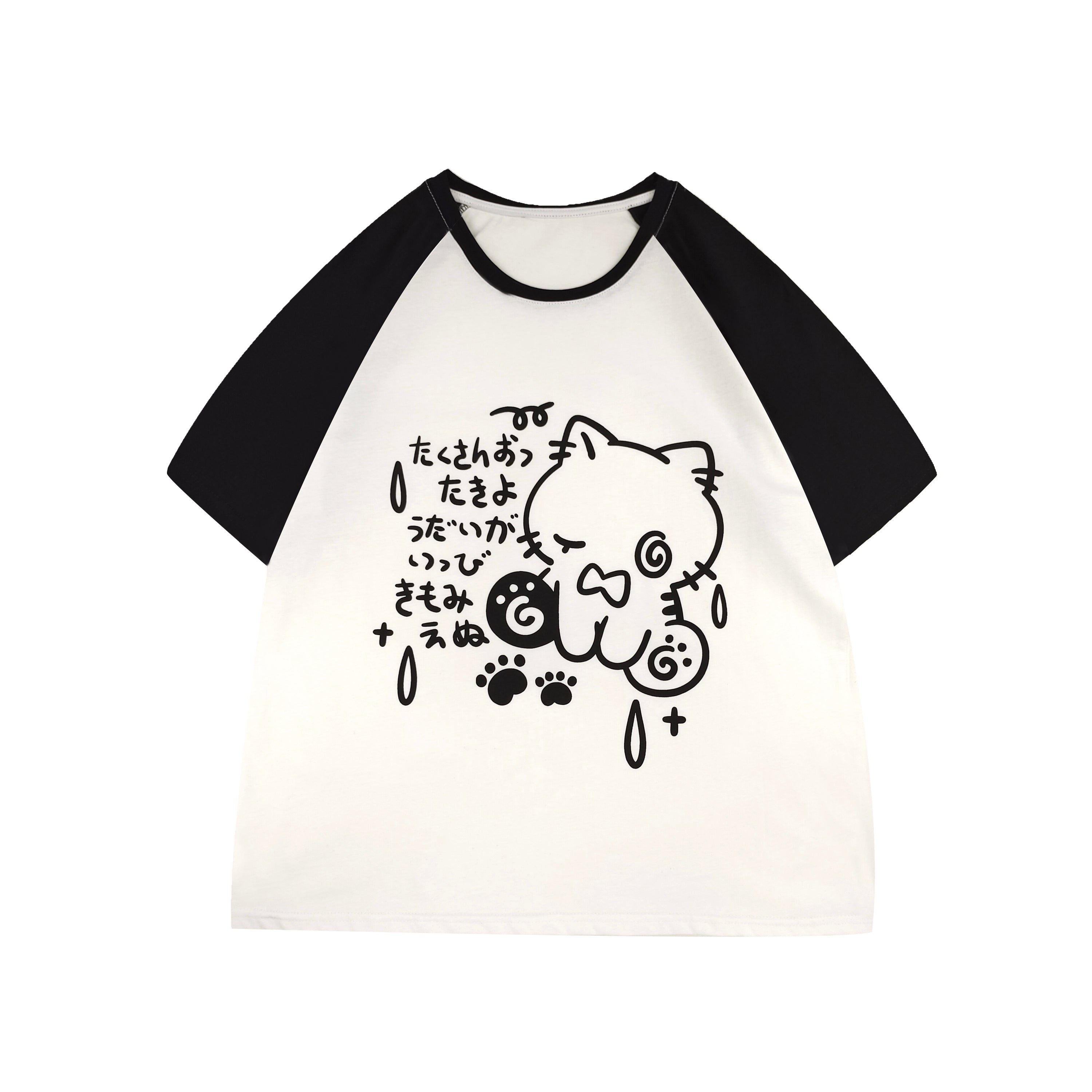 Yami Kawaii cat crying print on white cotton T-shirt with black sleeves