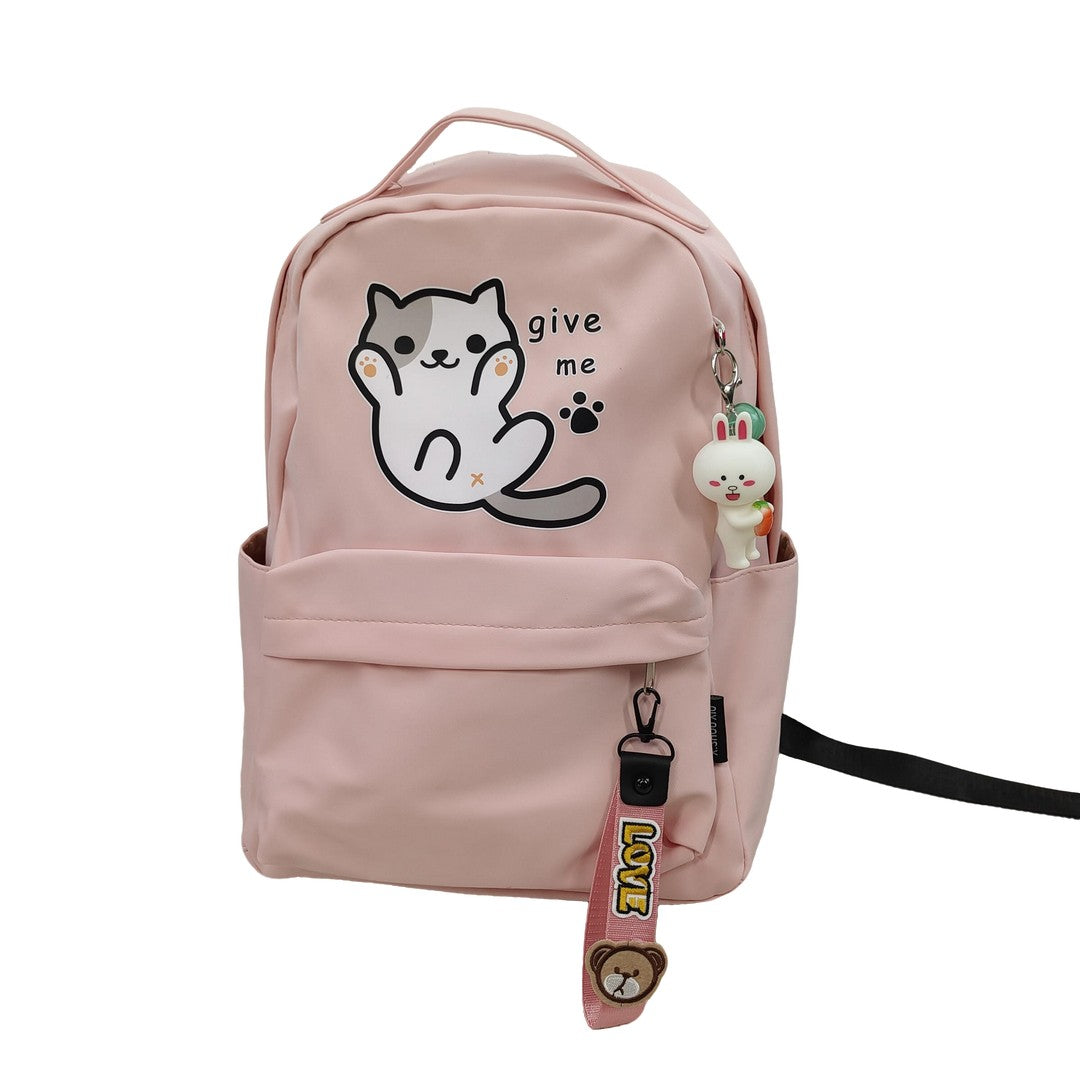 Front view of pink backpack with cat print and decorative keychains