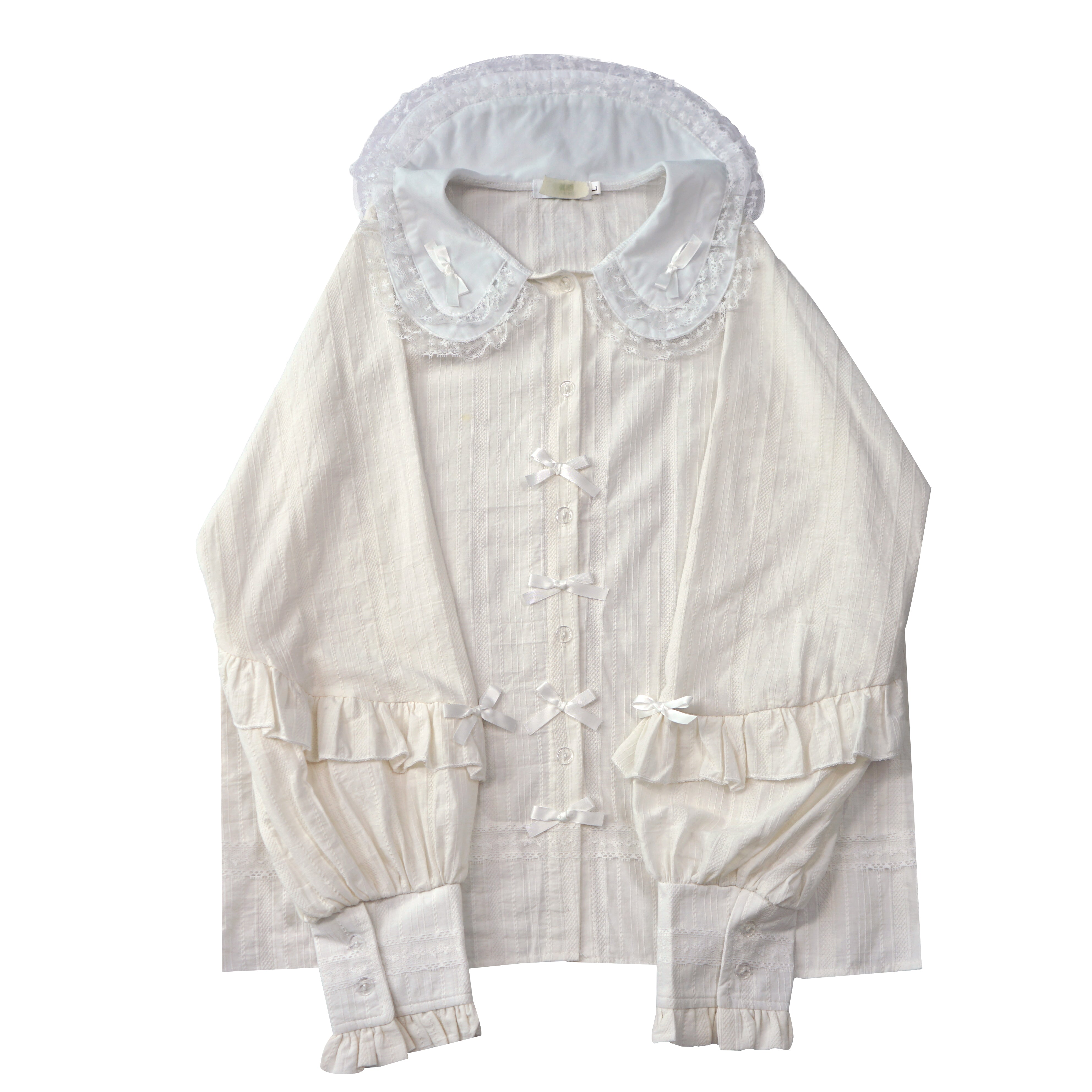 White doll-collar blouse with lace trim and satin bows, long ruffle sleeves gothic lolita, soft girl blouse